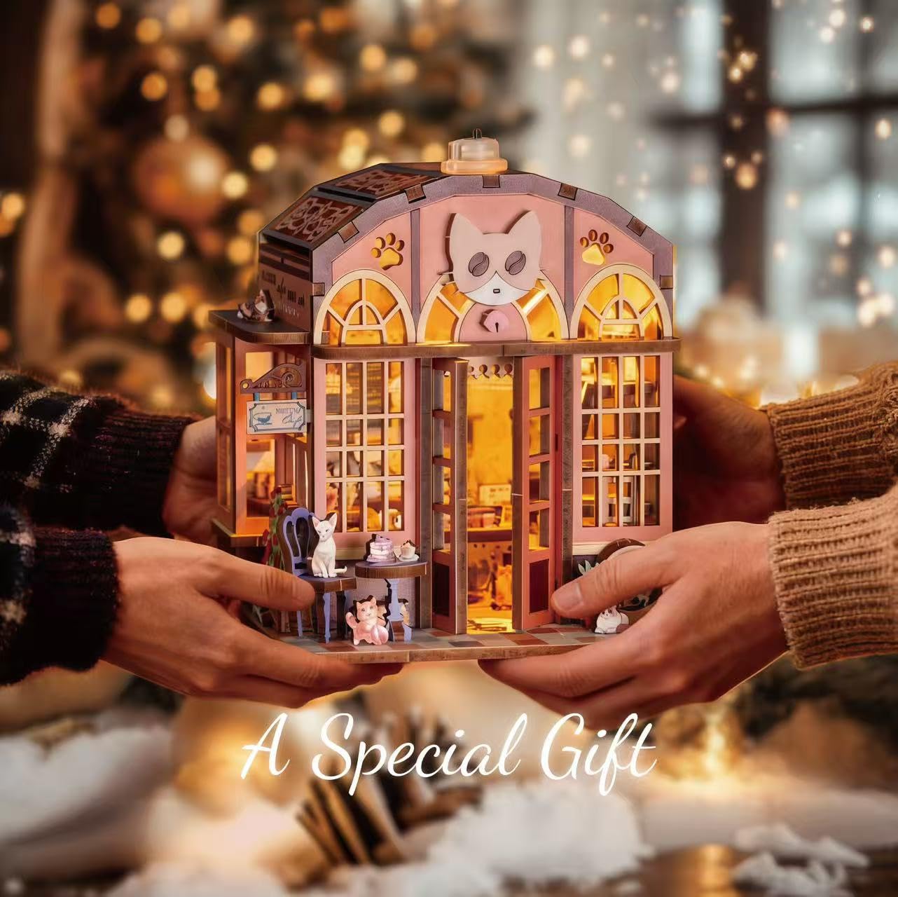 3D Book Nook DIY Kit with Batteries Light Cat Cafe Theme Wooden Building Toy House for LED Magic Book Nook Lover Bookend Bookshelf DIY Miniature Gift for Adults