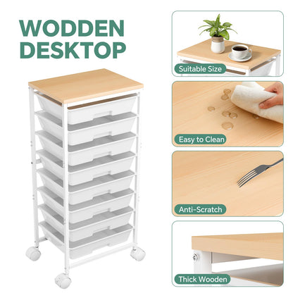 Ekisemio Rolling Cart with 8 Drawers, Storage Drawers Cart with Wooden Tabletop and Lockable Wheels, Utility Cart for Living Room, Office, Classroom, Craft Room, White