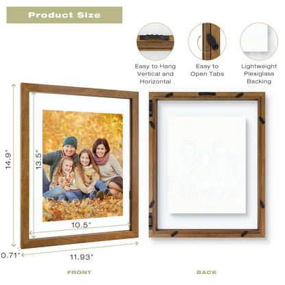 11x14 Floating Picture Frame - Brown Solid Wood Frame for Pressed Flower - Real Glass of Front - Use as 8x10 or 5x7 Picture Frame - for Wall Mount Display (Brown, 1 Pack)