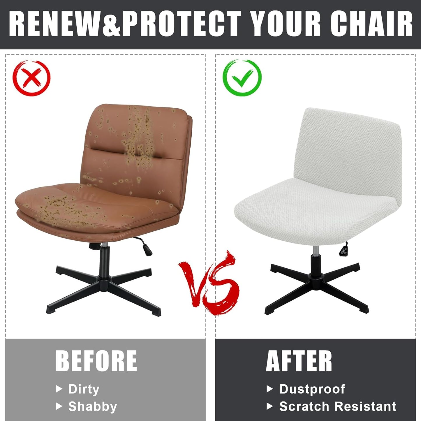 ele ELEOPTION Stretch Armless Chair Cover, White Weave Protector for Office Desk Chair, Home Furniture Slipcover