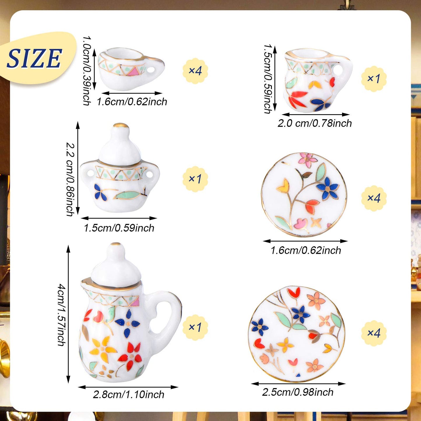 Skylety 37 Pieces 1:12 Scale Miniatures Dollhouse Kitchen Accessories Include 16 Plates Knife Fork Spoon, 6 Egg Beater Utensil, 15 Tea Cup Set(Flora Bloom)