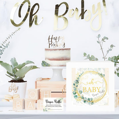 Greenery Baby Shower Games for Girl or Boy, Oh Baby Sage Green Diaper Raffle Card Box with Tickets for Boy Baby Shower Decorations