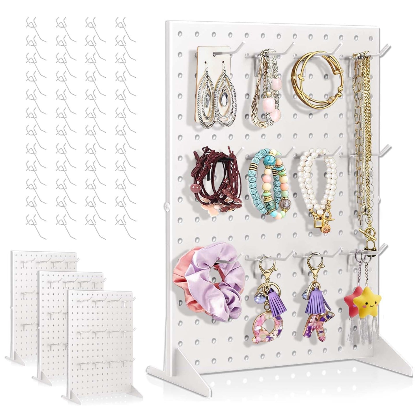 4 Pack Peg Board Display Stand for Vendors with 48 Hooks Metal Tabletop Pegboard Display Stand for Craft Shows 17" X 13" Retail Display Racks For Jewelry Earring Keychain PegBoard Organizer White