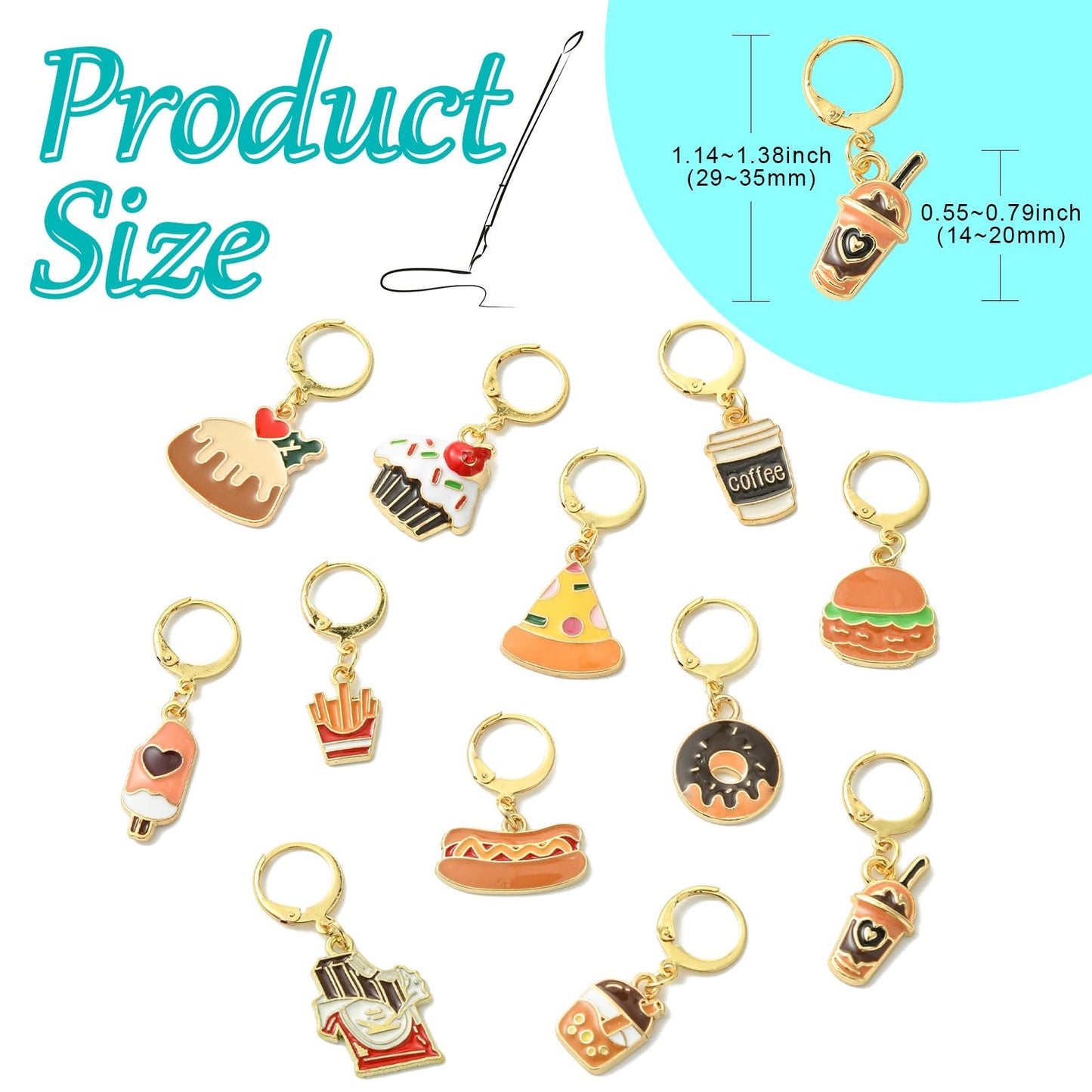 Gythara 24 pcs 12 Style Fast Food Theme Alloy Enamel Stitch Markers Coffee Tea Drink Hamburger Cake Donut Leverback Earring for Knitting Crocheting DIY Jewelry Craft Bag Decoration