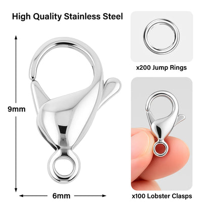 Mandala Crafts 9mm Stainless Steel Lobster Clasps for Jewelry Making - 100 PCs SS Lobster Claw Clasps with Jump Rings Jewelry Findings Kit for Necklaces Bracelets Charms Fasteners