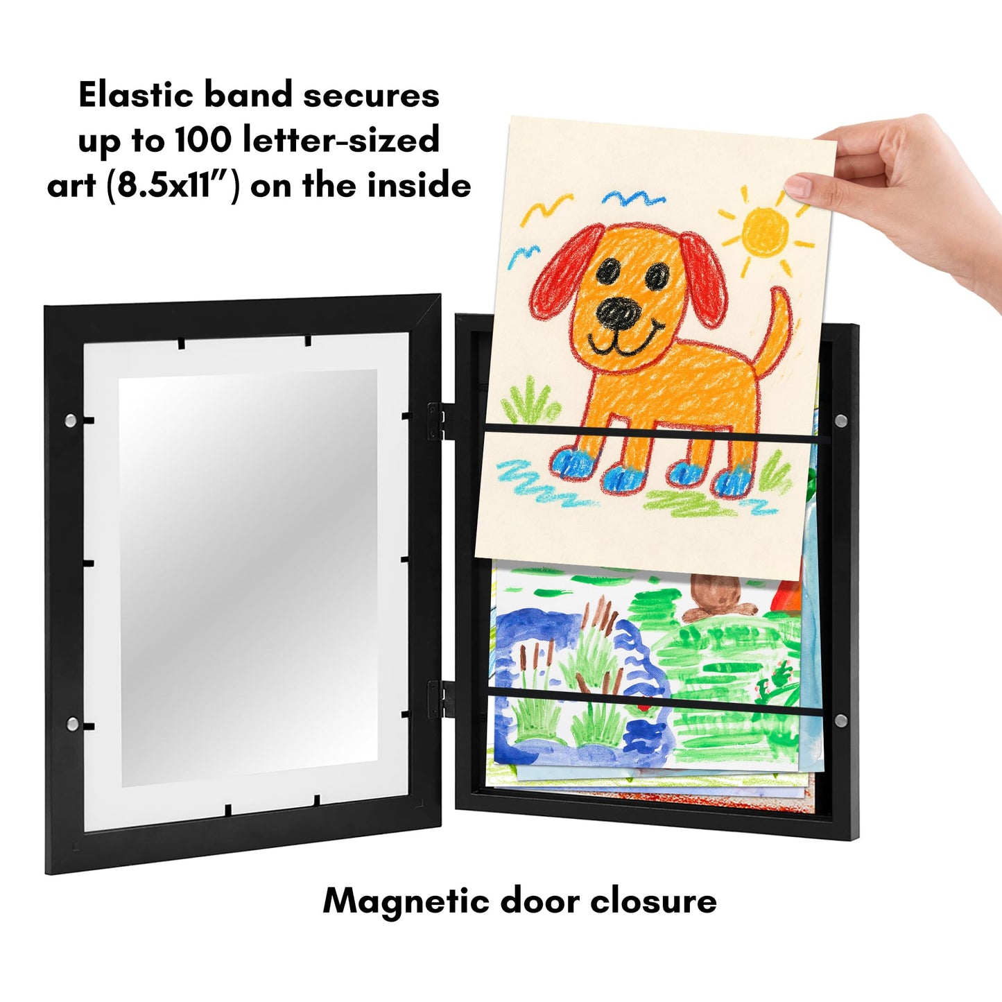 Americanflat Kids Artwork Frame Changeable (Black) - Magnetic Door Holds 100 Art Pieces - 8.5x11 Letter Size Display with Mat or 10x12.5 Without Mat - My Mini Masterpiece