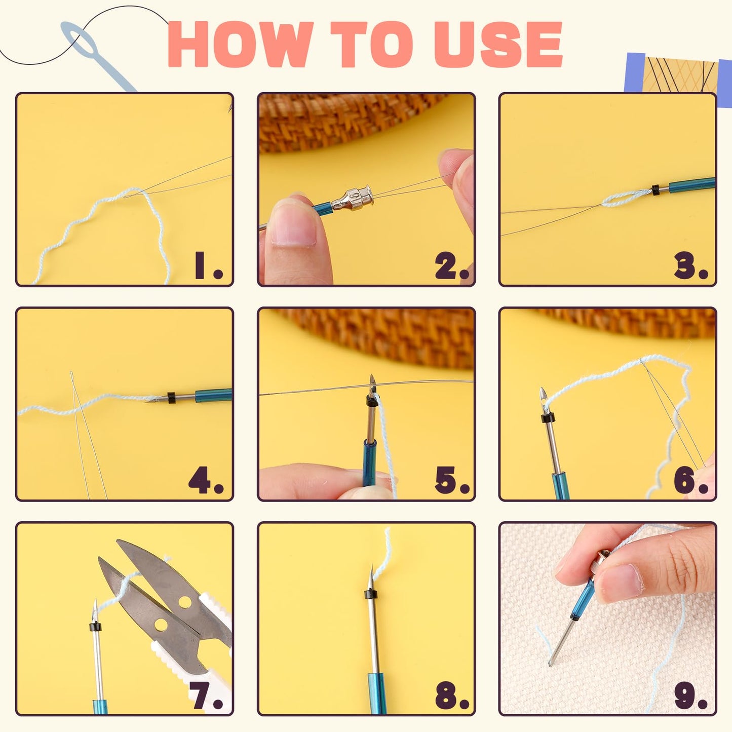 AUGSUN 39Pcs Punch Needle Embroidery Kit, Punch Needle Accessories Set Include Monk's Cloth Cross Stitch Fabric Adjustable Punch Tool for Handicraft Gifts Embroidery DIY Crafting Activity