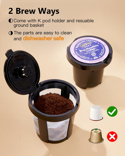 Tastyle Single Serve One Cup Coffee Maker, for K Cups and Grounds, Mini Coffee Maker with Portable Handle, 6 to 12 Oz Brew Size, for Travel, Camping, Office, RV and Dorm, 120V, Black and Gold
