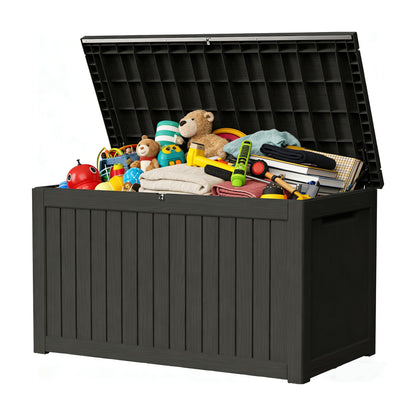Decksplore 270 Gallon Outdoor Storage Box Resin Deck Box All Weather Waterproof Large Lockable Storage Container Deck Box for Patio Furniture, Garden Tools, Lockable, Black