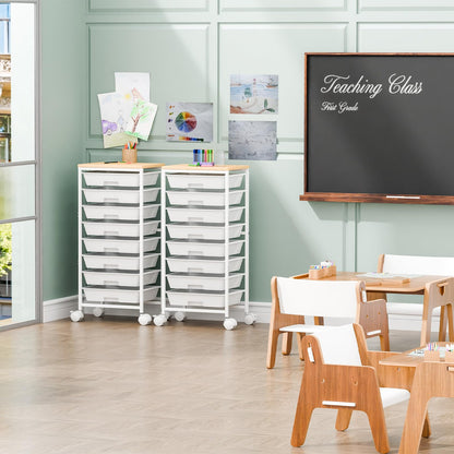 Ekisemio Rolling Cart with 8 Drawers, Storage Drawers Cart with Wooden Tabletop and Lockable Wheels, Utility Cart for Living Room, Office, Classroom, Craft Room, White