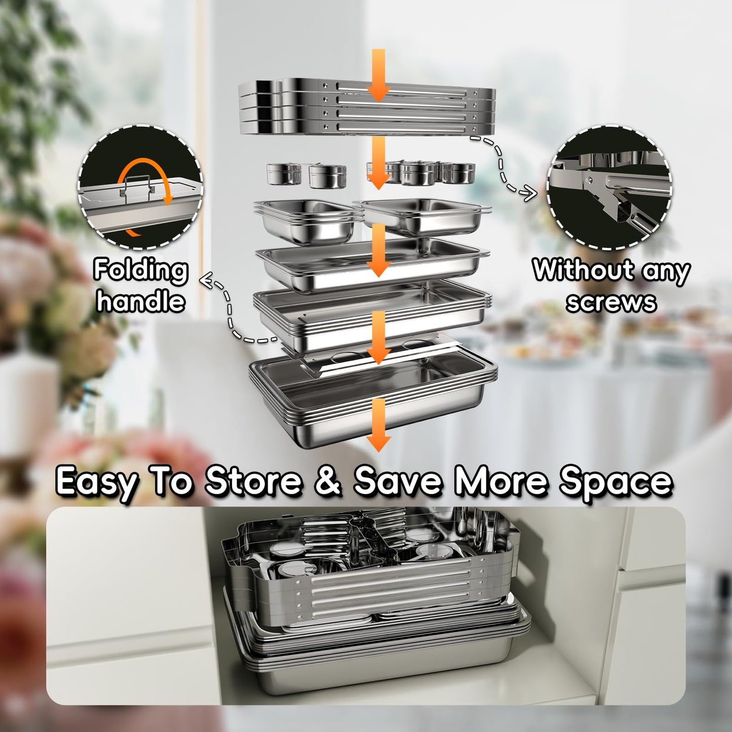 SIFER Chafing Dishes for Buffet 9Qt 4 Pack with Multi-Size Food Pans-Screwless Installation Chafing Dish Buffet Set,Foldable Handles Stacking Design,Stainless Steel for events,Silver