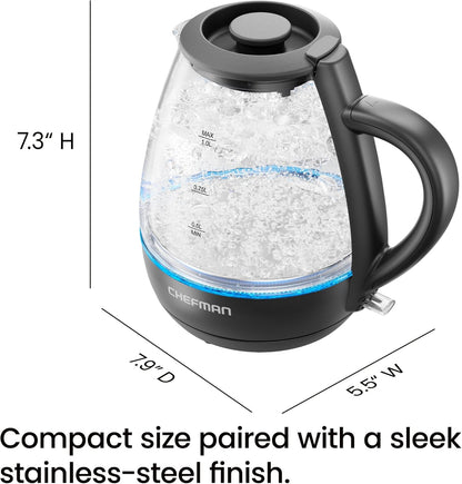Chefman 1L Electric Tea Kettle with LED Lights, Automatic Shut Off, Removable Lid, Boil-Dry Protection, Electric