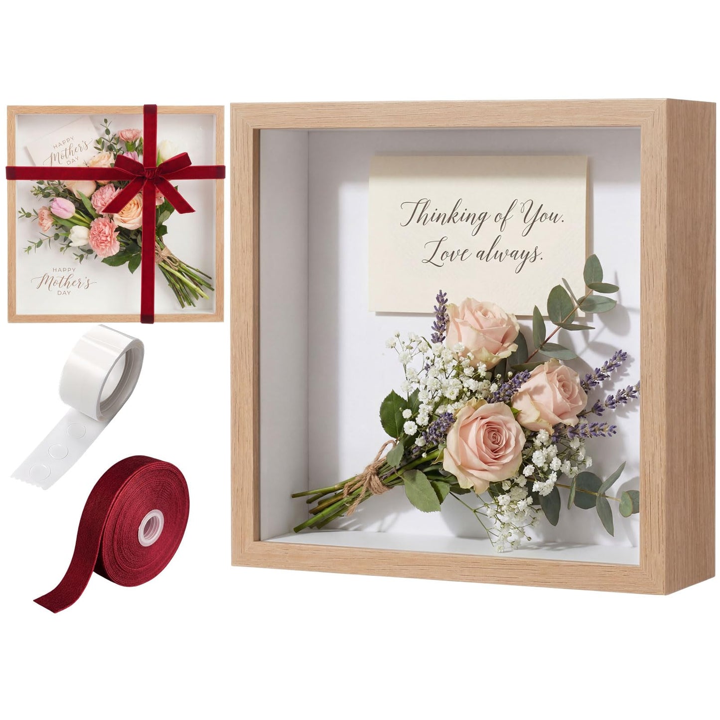 BrightRow 12"x12" Wedding Shadow Box Frame Flower Display Case Kit, DIY Wood Color Picture Gift Box with Lid Deep Glass Case Red Velvet Ribbon for Gift Wrapping Craft Bouquet Flower Keepsake Memory
