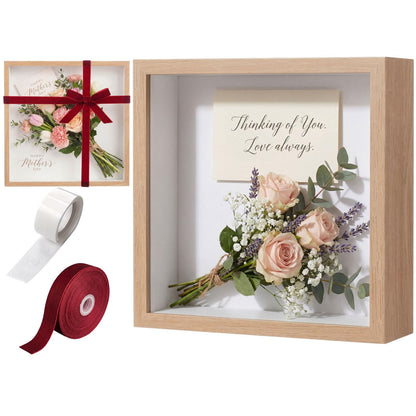 BrightRow 12"x12" Wedding Shadow Box Frame Flower Display Case Kit, DIY Wood Color Picture Gift Box with Lid Deep Glass Case Red Velvet Ribbon for Gift Wrapping Craft Bouquet Flower Keepsake Memory