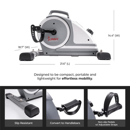 Sunny Health & Fitness Magnetic Under Desk Mini Exercise Cycle Bike, Dual Function Pedal Exerciser with Digital Monitor and Carrying Handle – SF-B020026