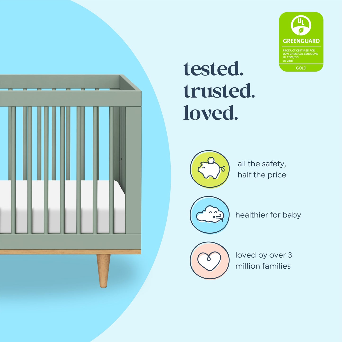 Davinci Marley 3-in-1 Baby Crib Convertible to Toddler Bed & Daybed - Easy to Assemble Wooden Crib - GREENGUARD Gold Certified - 4 Adjustable Heights - Conversion Kit Sold Separately, Light Sage