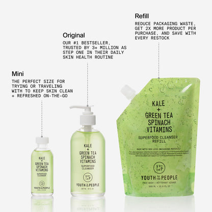Youth To The People Kale + Green Tea Facial Cleanser - Gentle Superfood Blend of Spinach, Alfalfa, Vitamins C + E - Pore Minimizer, Makeup Remover & pH Balanced Gel Face Wash for Glowing Skin (8oz)