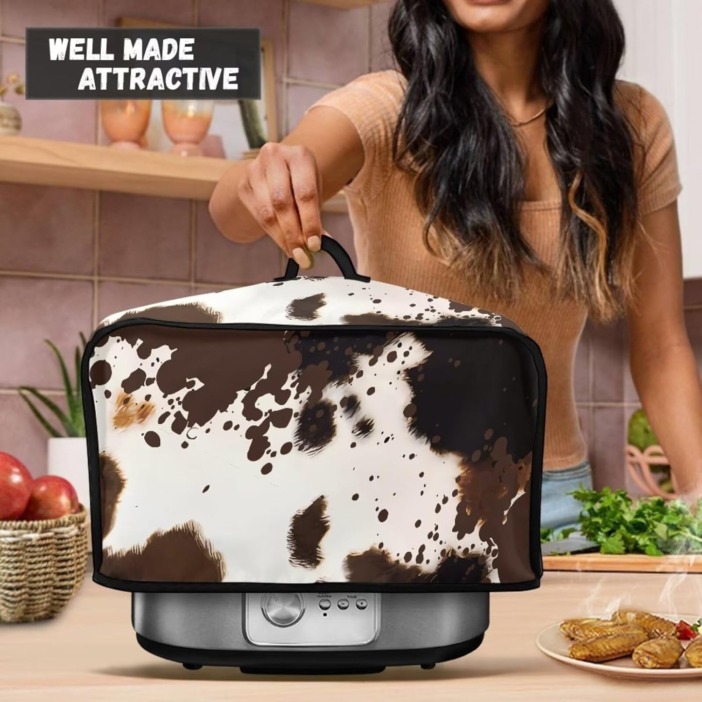 Brown Cow Print Slow Cooker Dust Cover with Side Mesh Pocket, Dustproof Protector for 6, 7 or 8 Quart Crock Pots