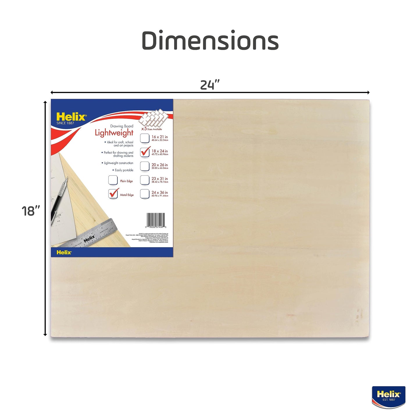 Maped - Helix Wooden Lightweight Drawing Board 18 x 24 Inch - Sketching Outdoors - Precision Metal Edge - Ensures Level Surface, Prevents Warping - Durable, Ample Space, Versatile Use