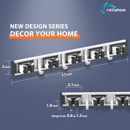 reliahom Broom Holder Wall Mount Mop and Broom Hanger Wall Mounted Garage Storage Rack Kitchen Garden Tool Organizer (4 Racks with 5 Hooks, Silver)