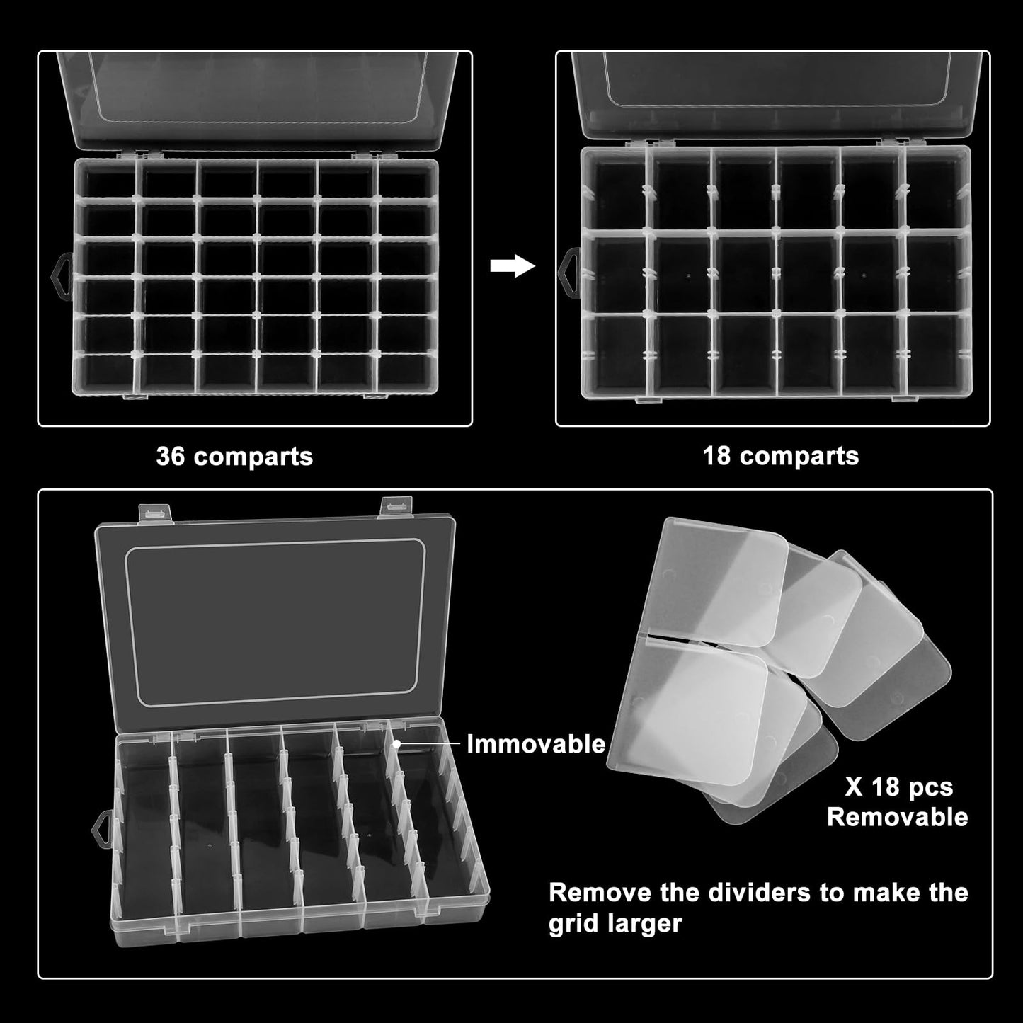 Sopoloray 4 Pack 36 Grid Bead Organizer Box, Clear Plastic Small Parts Organizer with Dividers, Bead Storage Containers for Jewelry Craft DIY Thread Fishing Tackle