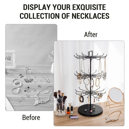MyGift 3-Tier Matte Black Metal Jewelry Tree Display Stand – 360 Rotating Necklace & Bracelet Organizer Tower with 36 Hooks and Top Sign Holder