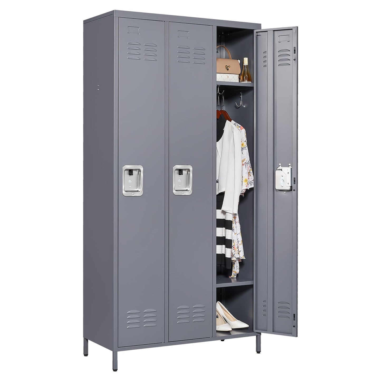 IKIMI Metal Locker 3 Doors Storage Lockers for Employee,72" Tall Locker Cabinet with Shelves and Hooks Steel Sports Staff Locker for Office School Office Gym Home Bedroom Garage