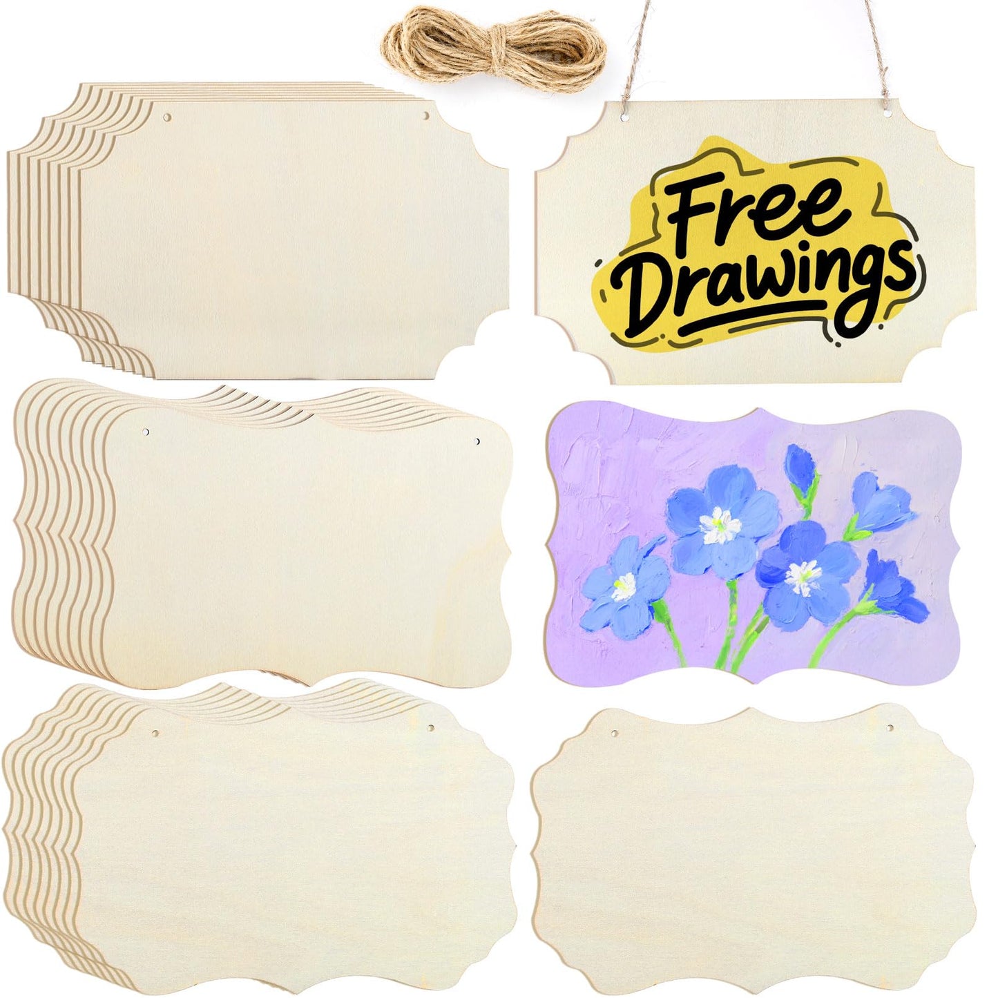 IJRPLM 24 Pcs Wood Sign Blank, Unfinished Hanging Wooden Slices Banners with Ropes, Hanging Craft Door Signs, Rectangle Blank Wood Signs for DIY Crafts, Painting, Wall Art Home Decorations, 3 Style
