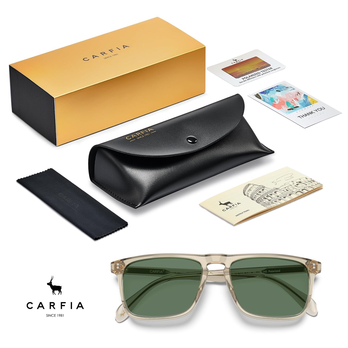 CARFIA Retro Polarized Sunglasses for Men UV Protection Hand-crafted Acetate Frame Fishing Golf Spectacles Green Lens