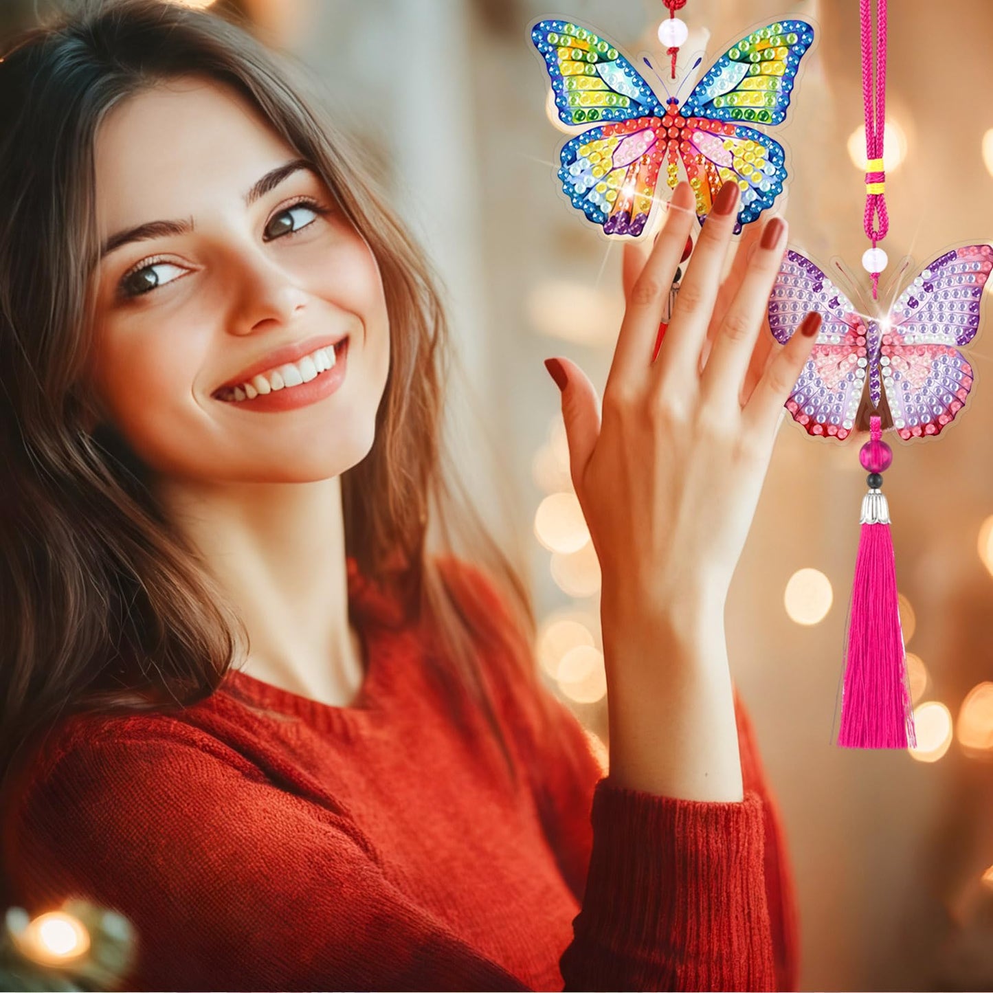 JenPen 12 Pcs Butterfly Diamond Art Kits Diamond Painting Car Ornaments Double Sided Butterfly Painting Keychain Hanging Ornament DIY Crafts Crystal Gem Paint for Adult Beginner Gifts