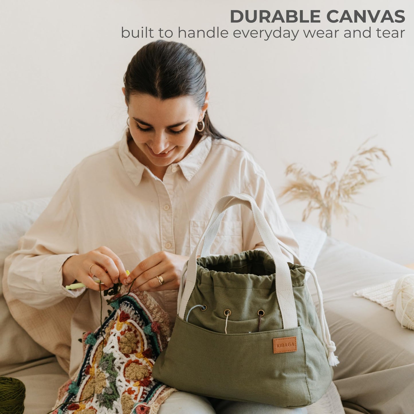 Stylish Crochet Bag Organizer Easily Organizes Your Yarn - Durable Canvas Bag w/ 8 Pockets Stores Plenty of Yarn Skeins & Crocheting Supplies/Accessories - Perfect Basket for Gifting to Knitting Fans