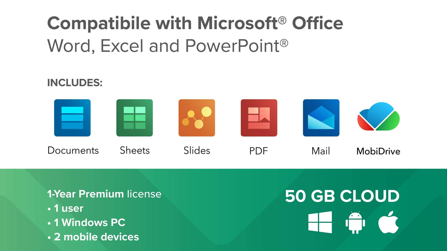 OfficeSuite Personal Compatible with Microsoft® Office Word® Excel® & PowerPoint® and Adobe® PDF - 1 Year License for 1 Windows & 2 Mobile Devices