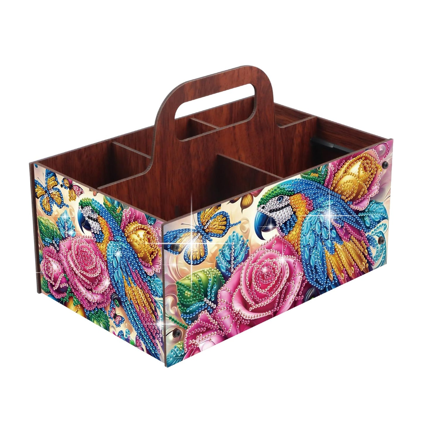 DIY Diamond Painting Storage Box Parrot and Rose Design, Diamond Art Wooden Organizer with Handle and 5 Compartments, Portable Desktop Craft Storage Basket for Art Supplies