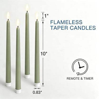 Ni-JASW Sage Green Flameless Taper Candles with Remote, Flickering Battery Operated LED Candlesticks Home Decor Set of 4