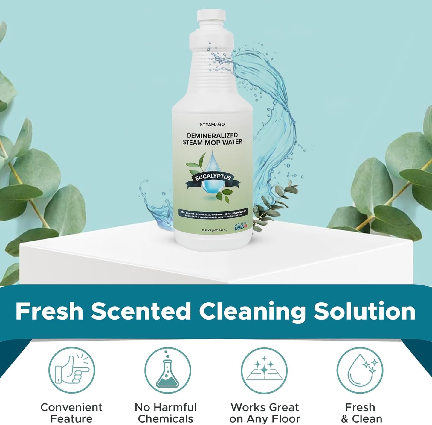 Steam & Go Demineralized Water - Eucalyptus Mint Multi-Surface Cleaner | 32 oz Ready-to-Use Solution