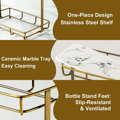 Bathroom Organizer Countertop Perfume Organizer Makeup Organizer Cosmetics Storage Display Rack Vanity Tray Dresser Stainless Steel Gold Shelf White Marble Ceramic Tray