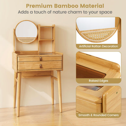CHEFJOY Boho Vanity Desk with Mirror, Bamboo Makeup Vanity Table & Stool Set w/ 2 Storage Drawers, Hutch Shelves & Tempered Glass Table Top, Small Dressing Table Set for Bedroom