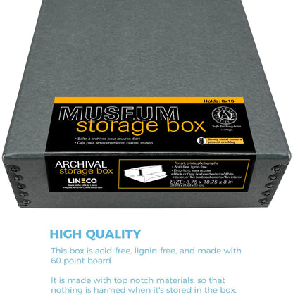 Lineco Museum Archival Storage Box, 8.75x10.75x3 in. Drop Front Design. Acid-Free with Metal Edge. Organize Photos, Pictures, Prints, Documents, Crafts, DIY. Gray, 1 Pack