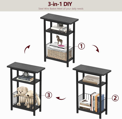 25.2" HET004BK1 Heybly Small Narrow Side Table for Small Space, Thin Bedside Table with Storage Basket, Skinny End