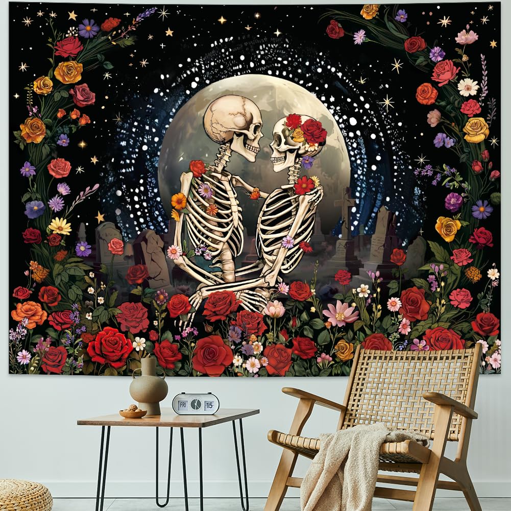 Serborlur Skeleton Lovers Tapestry Aesthetic Gothic Skull Tapestries Boho Romantic Flower Floral Wall Decor The Lovers Wall Hanging for Bedroom Living Room Dorm