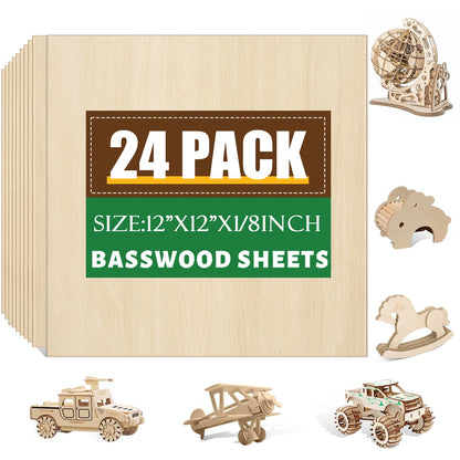 24 Pack Basswood Sheets 1/8 x 12 x 12 Inch for Crafts, Basswood Sheets Plywood Sheets for Laser Cutting & Engraving, Architectural Models.Unfinished Wood Sheets for DIY Projects.