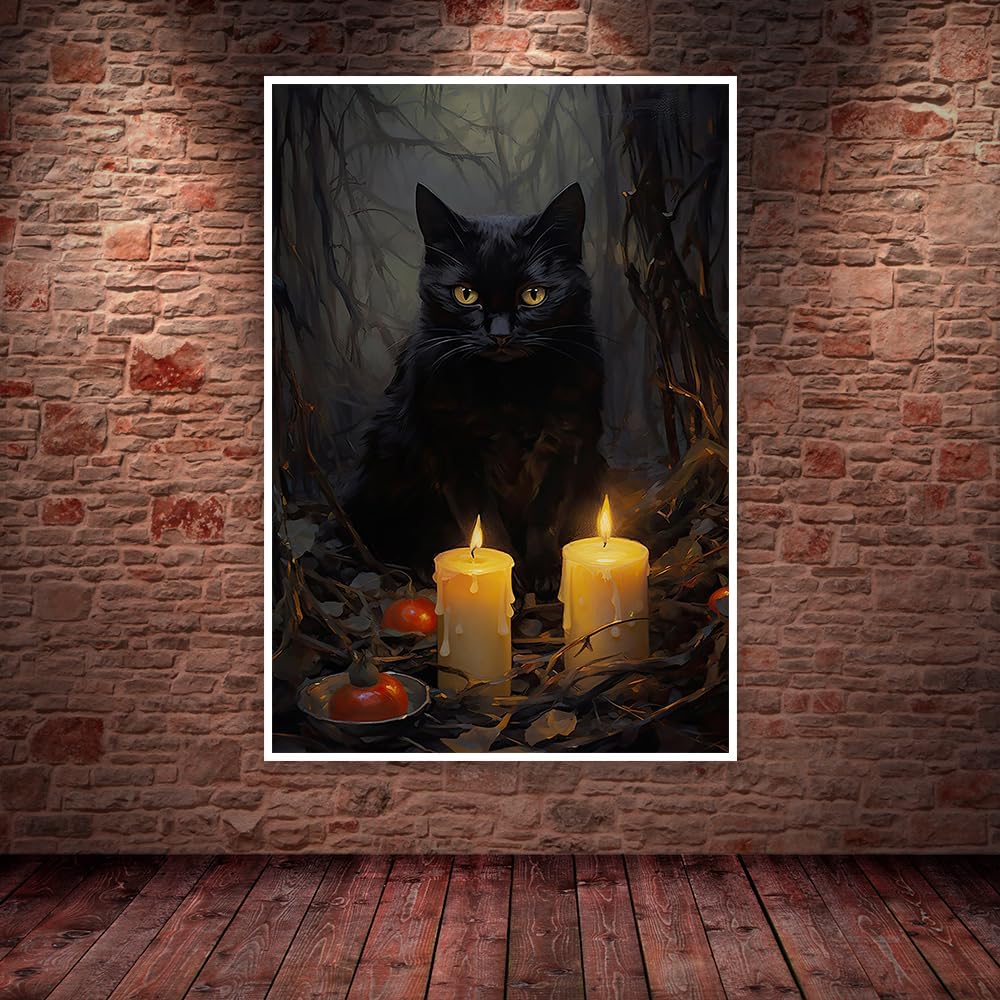 Kisappeared Vintage Gothic Wall Art Black Cat Candle Poster Halloween Artwork Print Canvas Victorian Style Dark