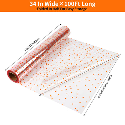 CMFYHM Clear Cellophane Wrap Roll with Orange Polka Dots | 34" x 100’ | 3 Mil Transparent Cellophane Roll,Gift Wrap Cellophane,large Cellophane Wrap Film for Autumn Thanksgiving Baskets, Gifts, Treats,Crafts, Halloween Wrapping
