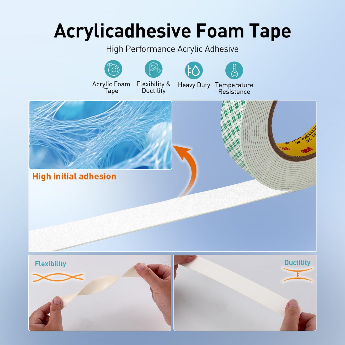 Double Sided Tape Off White Foam Tape 1/2" x 18Ft Made of 3M 4032 High Shear Adhesive Mounting Tape High Temperature Resistance for Interior Exterior Applications and Home Office Deco (Pack of 2)