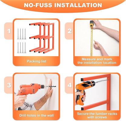 Ultrawall Lumber Storage Rack - Heavy-Duty Wall-Mounted Wood Organizer | Holds 220 LBS Per Level (Pack of 4, Orange)