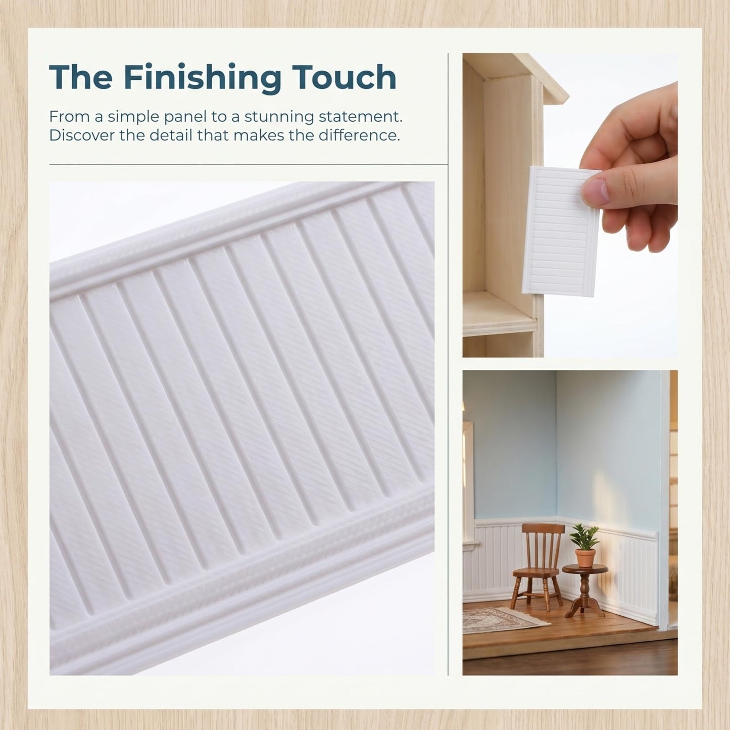 Garneck 5Pcs Dollhouse Wainscoting Panels: 1:12 Scale Miniature Wall Trim Self Adhesive White Wallpaper Molding for Doll House Interior Decor DIY Room Scene Siding Accessories
