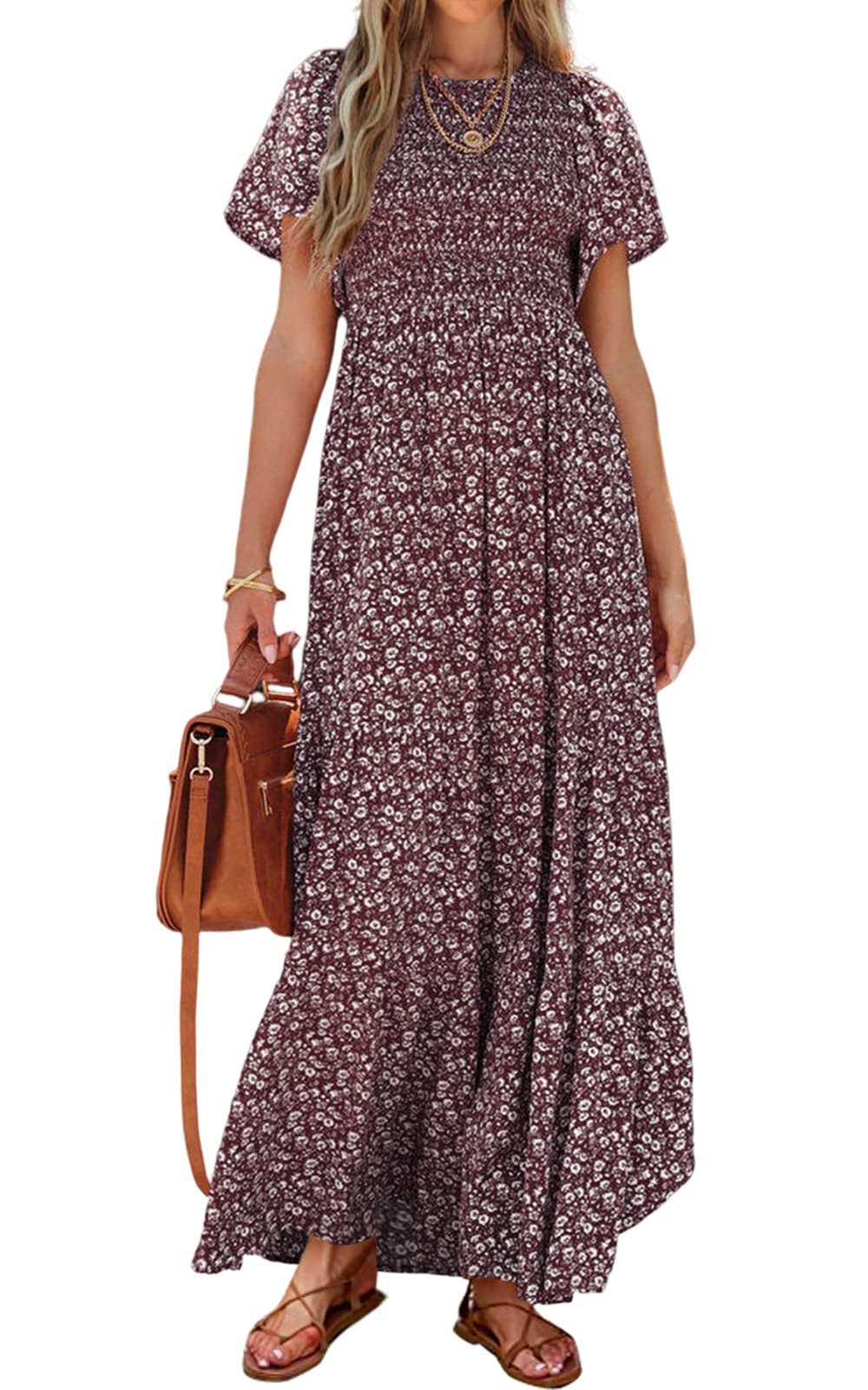 PRETTYGARDEN Women's 2025 Summer Casual Flutter Short Sleeve Boho Floral Maxi Dress Crew Neck Smocked Tiered Long Dresses