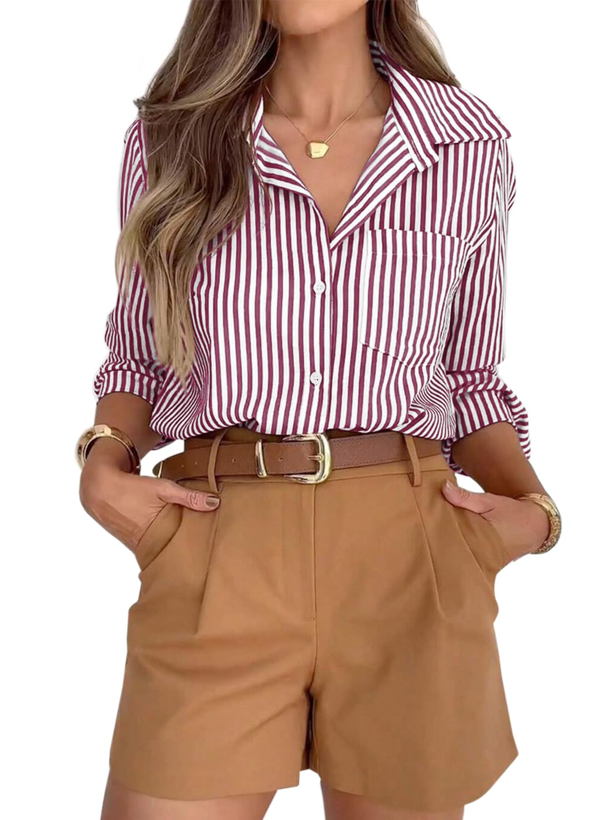 siliteelon Striped Button Down Shirts for Women Dress Shirts Long Sleeve Casual Collared Office Work Shirt with Pocket