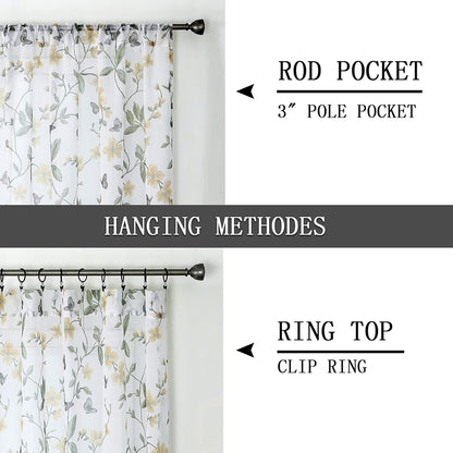 Tollpiz Short Sheer Floral Tier Curtains, Yellow Flower Butterfly Printed Kitchen Voile Curtains, Set of 2 Panels