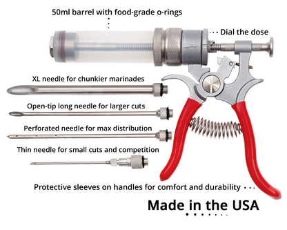 SpitJack Meat Injector Gun for Brisket, Turkey & BBQ - Made in USA Professional Heavy Duty Marinade Injector with 4 Stainless Steel Needles, 50ml Capacity, Repairable Competition BBQ Tool